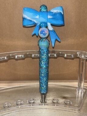 Handmade Blue Glitter Bow Decorative Pen